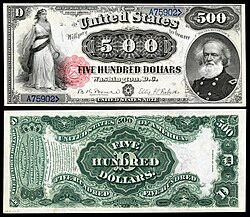 Obverse and reverse of a five-hundred-dollar United States Note