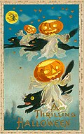 "'A Thrilling Hallowe'en.' (Three black cats flying through the air with Jack-o-lanterns).jpg", uploaded by User:Fæ
