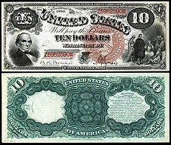 Obverse and reverse of a ten-dollar United States Note