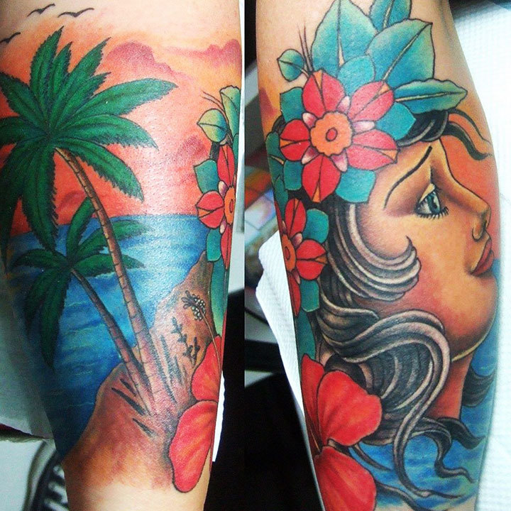 old school girl and beach tattoo